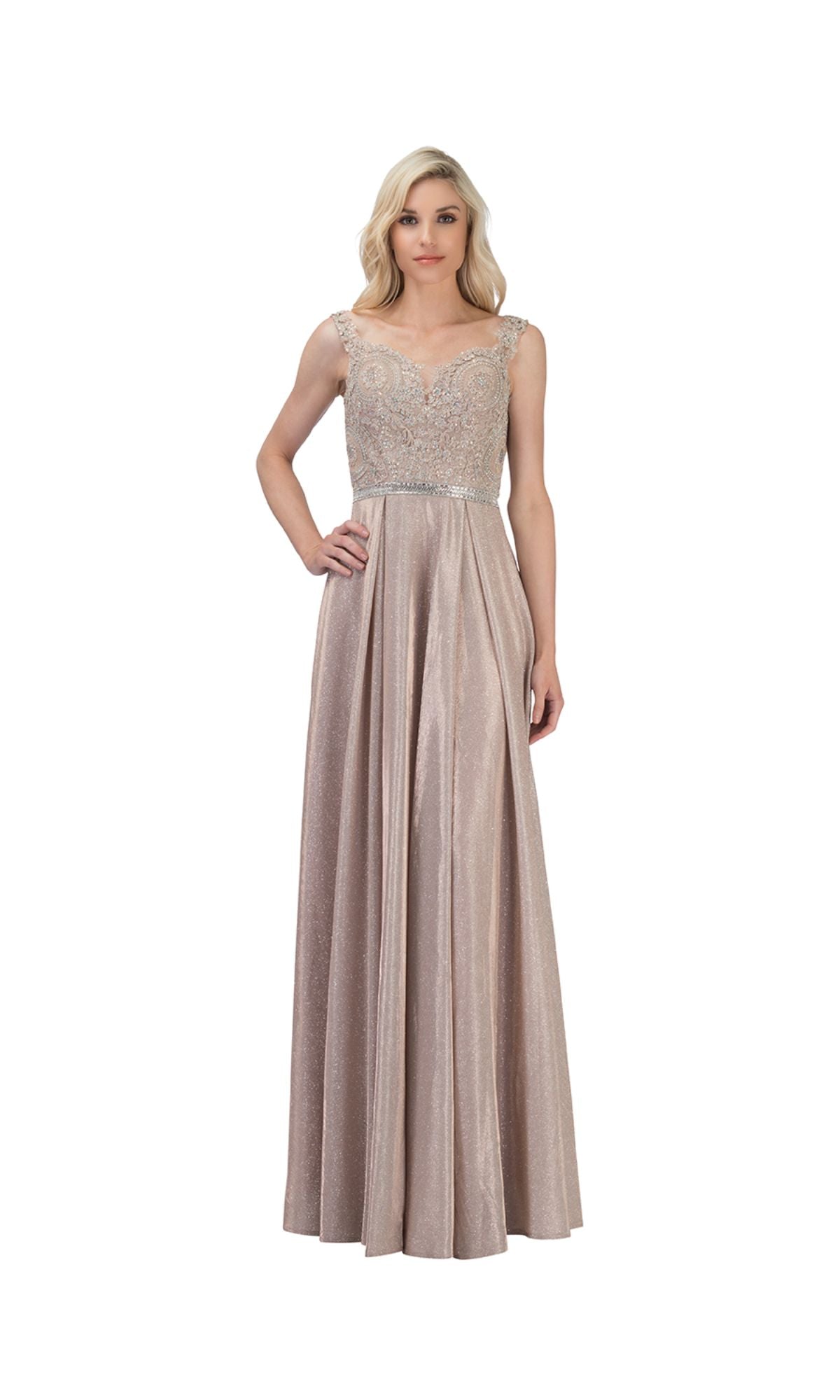 A woman models the Beaded-Belt Long Glitter Prom Dress (Chicas DM4008), a floor-length, sleeveless gown with an embellished bodice and flowing skirt, posing against a white background.